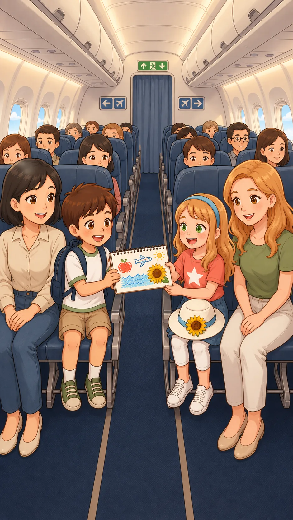 飛行機の中で、描いた絵を見せあうコタとリリー