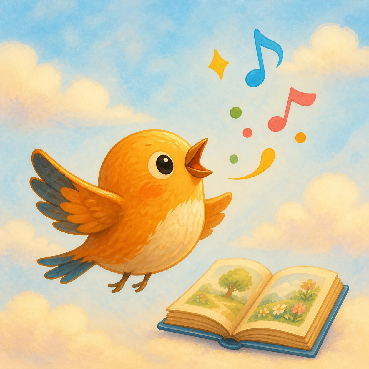 A yellow bird singing beside an open picture book, with colorful musical notes.