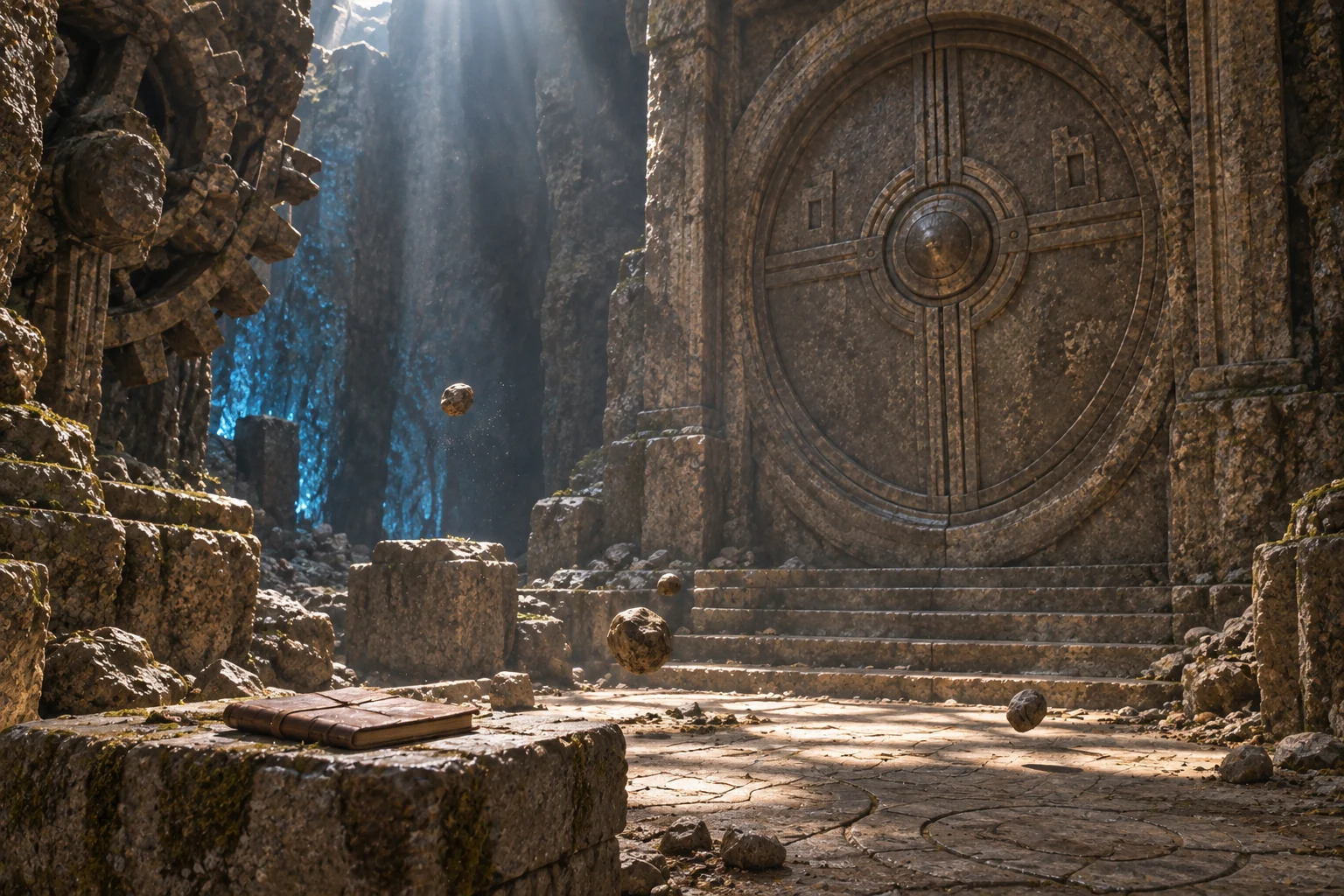 A stone door and floating stones in a labyrinth, one of the settings in episode zero.