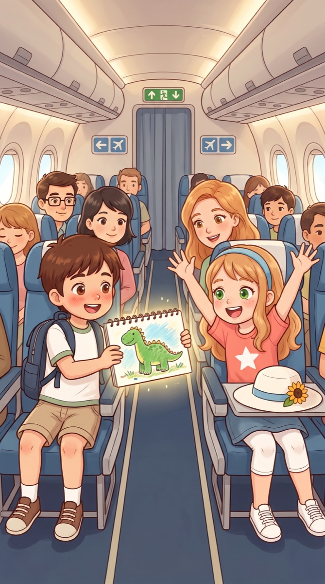 A girl on the plane smiles at the dinosaur Kota has drawn.